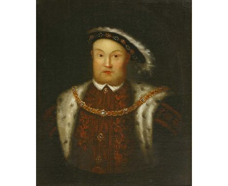 After Hans Holbein the Younger PORTRAIT OF KING HENRY VIII, HALF LENGTH Oil on canvas 36 x 31cm, in an 18th century carved gi