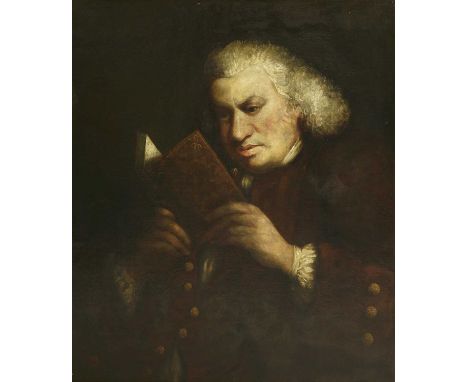 Attributed to Theophilia Palmer, after Sir Joshua Reynolds PORTRAIT OF DR SAMUEL JOHNSON (1709-1784), HALF LENGTH, HOLDING A 