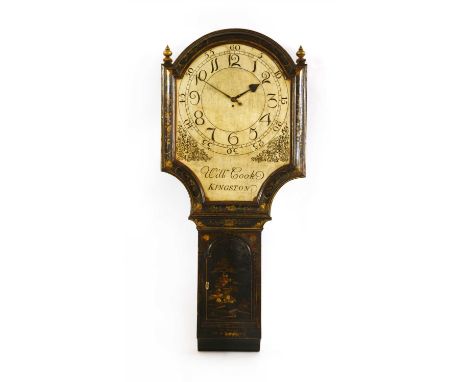 A lacquered and gilt chinoiserie tavern clock, in the 18th century style, the dial with Arabic numerals and inscribed 'Willia