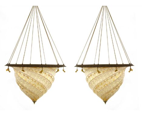 A pair of Fortuny Venetian glass ceiling light shades , each of spiralled form and decorated with abstract gilt designs, each