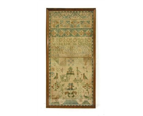 A William IV needlework sampler, worked by William Scouler, dated 1830, embroidered with coloured silk on a fine linen backgr