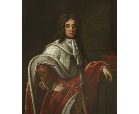 Circle of Michael Dahl (Swedish, 1659-1743) PORTRAIT OF A NOBLEMAN, THREE-QUARTER LENGTH, STANDING, IN AN ERMINE-TRIMMED SCAR