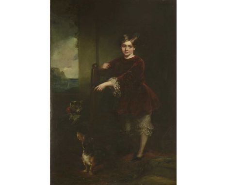 Richard Buckner (1812-1883) PORTRAIT OF A YOUNG BOY, STANDING FULL LENGTH, POINTING TO A CAT AND A BASSETT HOUND Signed l.r.,