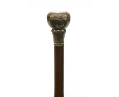 A George V silver and snakewood gadget walking stick by Brigg of London , c.1926, the knob set with a watch, above a plain ta