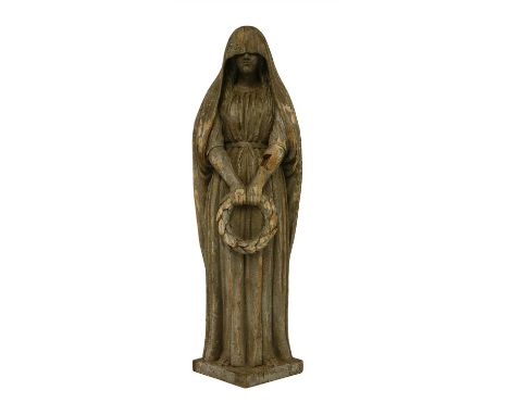 A French carved and painted wooden figure of a female in mourning, early 19th century, wearing a hooded cloak and holding a w