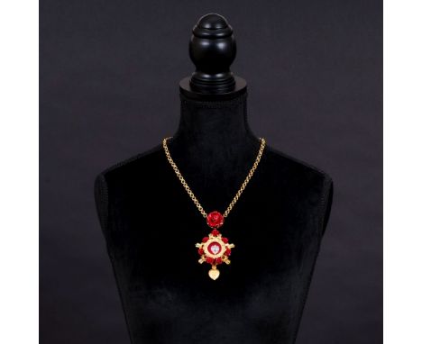 Dolce &amp; Gabbana. Collier 'Devotion con Cuore' mit Herz- und Rosendekor. Metall, goldfarben, Emaille-Rosen, Leder-Rosen mi