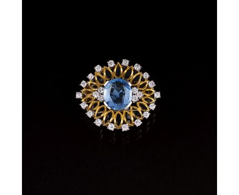 Natürliche Saphir-Brillant-Brosche. 18 kt. GG mit WG, gest., MZ.: 'Lotos'. Der natürliche Ceylon Saphir ca. 6 ct. (ca. 12,4 x