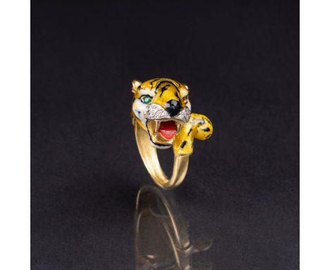 Diamant Gold-Ring 'Tiger'. 18 kt. GG mit WG, gest. Mehrfarbiges Emaille, Besatz mit 16 Kleinstdiam. im 8/8-Schliff auf WG. 1 