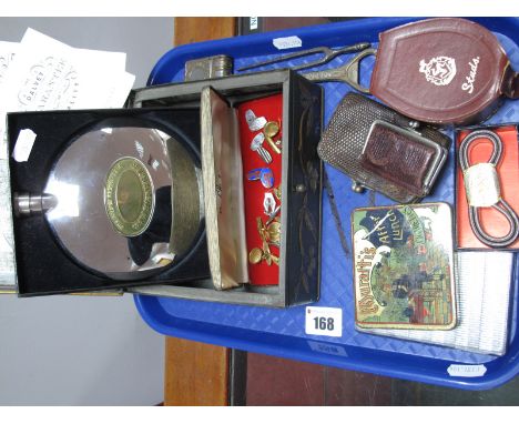 Vintage Gent's Cufflinks, vintage tins, sleeve bands, tuning fork, purse, coin purse, Dalvey pocket flask, etc:- One Tray