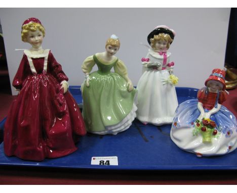 Royal Doulton China Figurines 'Monica', 'Sharon', 'Fair Maiden' and Worcester China 'Grandmothers Dress'.