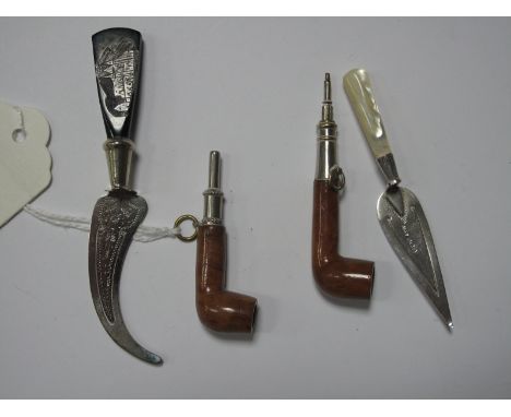 A Hallmarked Silver and Enamel Miniature Trowel Book Mark, another book mark, a small propelling pencil as a pipe, etc.