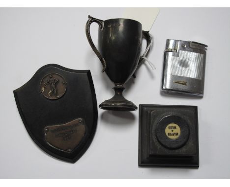 A Hallmarked Silver Miniature Twin Handled Trophy Cup, "F.F&amp;H.D.A The Lutyens Bowls Challenger Cup 1930", on square socle