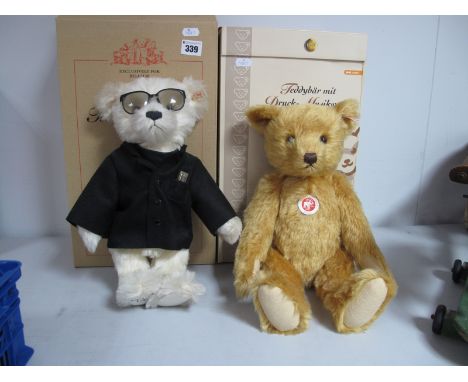 Two Modern Jointed Teddy Bears by Steiff, classic 'Druck-Musikwerk' Gold Blond, 38cm high, Toots Thielemans Bear, white, 33cm