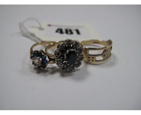 A 9ct Gold Sapphire Set Cluster Ring, of flowerhead design; a 9ct gold cluster dress ring and another ring. (3)