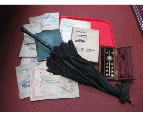 Edwardian Mourning Parasol, with naturalistic handle; Sikes hydrometer (incomplete), three stamp albums, Royalty book, cigare