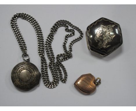 An Engine Turned Heart Shape Locket Pendant, a circular locket pendant on chain and a SIAM style trinket/pill pot stamped "92