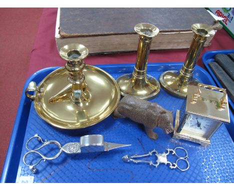 XVIII Century? Silver Hallmarked Sugar Nips, with initials A.R.E, candle snuffers, Black Forest carved bear, XIX Century bras