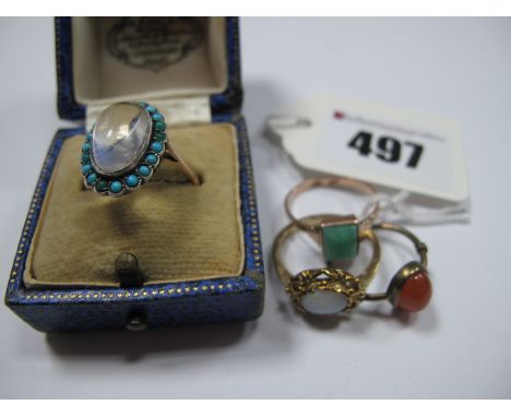 Turquoise Set Oval Cluster Ring, a 9ct gold single stone opal ring and two further single stone rings.