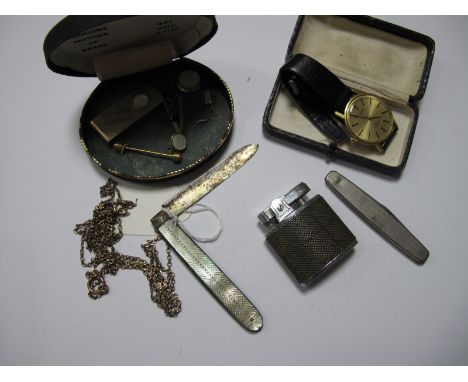 A Rotary Gent's Wristwatch, folding fruit knife, guard/muff chain, further knife, lighter, money clip, etc.