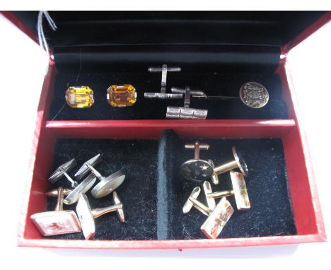 Assorted Gent's Cufflinks, including banded agate inset, "925", etc and a pin, contained in a Lane Crawford Hong Kong trinket
