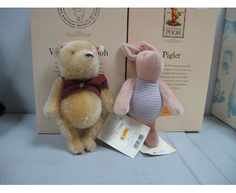 Two Modern Steiff Classic Winnie The Pooh Items, including #680090 Winnie The Pooh, blond 18cm high, No 017596, #680021 Pigle