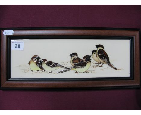 A Moorcroft Pottery Plaque 'Tree Sparrows', numbered edition 606, designed by Kerry Goodwin, 9.5 x 29.5cm. 
