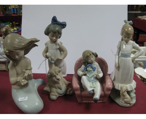 Nao Figurines - mermaid, girl by lion, girl by dog, girl seated. (4)