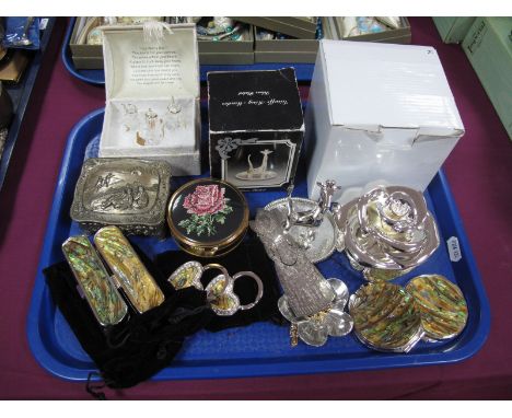 A Selection of Trinket Boxes, ladies compacts, a Giraffe ring minder etc:- One Tray