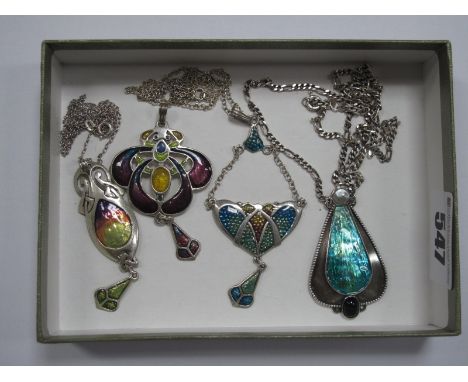 R&amp;SD Sterling Art Nouvau Style Enamel Pendants, highlighted in colours, together with another pendant, with integral Figa