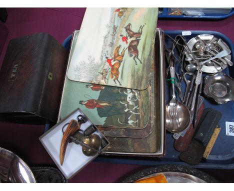 Vintage Place Mats, wooden tea caddy, hallmarked silver thimbles, corkscrew, scissor action cigar cutter, folding rulers, pla
