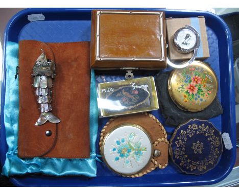 An Articulated Shell Fish, (overall length 11.5cm), powder compacts, lipstick mirror, trinket box, orange suede jewellery rol