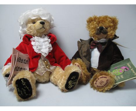 Two Modern Jointed Teddy Bears by Hermann, including Amadeus Mozart music bear, approximately 42cm high, Certified No 171 of 