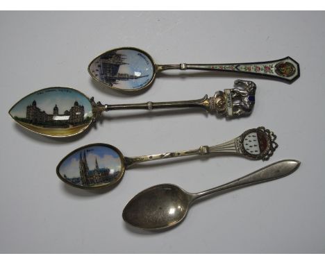 TAJ MAHAL Hotel Enamel Souvenir Spoon, with elephant finial; a Hotel De Ville Bruxelles enamel spoon; and another, etc (4)