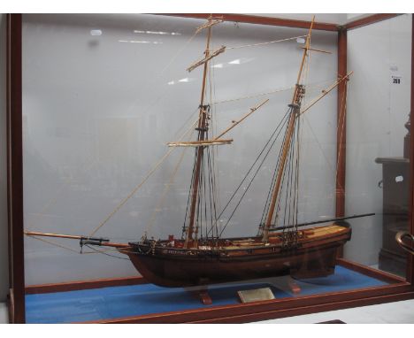 A Wooden Scale Model of a XIX Century Sailing Warship, named 'Sheffield'. Twin masted, in presentation case with plaque 'Pres