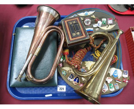 A Collection of Russian Themed Enamel Pin Badges, mounted on three soft cloth 'Military' style caps, two brass and copper bug
