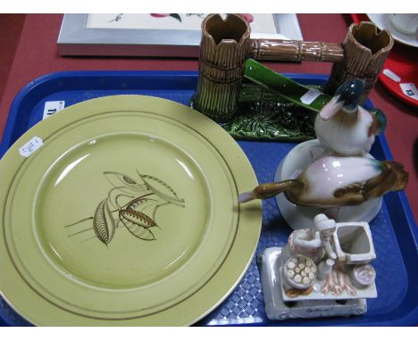 Zsolnay China Duck Figure Group, 17cm high. Susie Cooper plate, 'Oysters Sir?' fairing, majolica style twin posy ornament. (4
