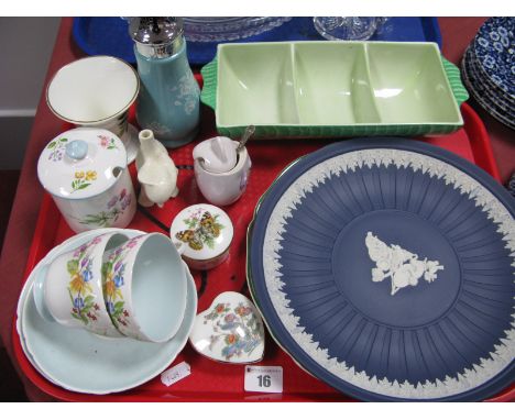 Shelley 'Wild Flowers' Jam Pot, cups and saucers, three sectional hors d'oevres, Wedgwood and Doulton plates etc:- One Tray