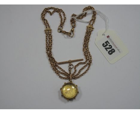 A Multi Chain Necklace, suspending a T-bar and glazed locket pendant containing a Victorian coin with enamel highlights.