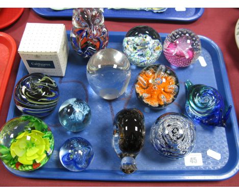 Paperweights - Caithness 'Sundance', 'Moonflower', Cauldron 'Ruby' etc, Wedgwood and Murano snails, Mdina owl etc:- One Tray