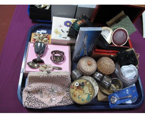 Three Ladies Compacts, commemorative napkin rings and others, two jewellery boxes, trinket boxes, silver plated grape shears,