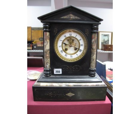 A XIX Century Black Slate Mantel Clock, with enamel dial, Roman numerals half round columns, plinth base.