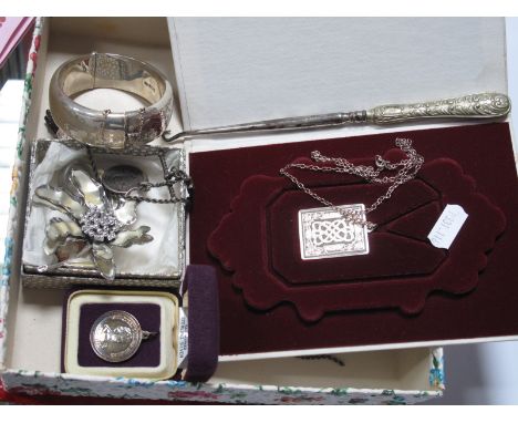 A Wide Hallmarked Silver Bangle, hinged with foliate engraved detail, ropetwist Albertina, cameo brooch/pendant, flowerhead b