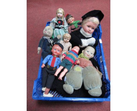 A Quantity of Mid XX Century Dolls, including a Chad Valley glass eyed cloth doll. (8)