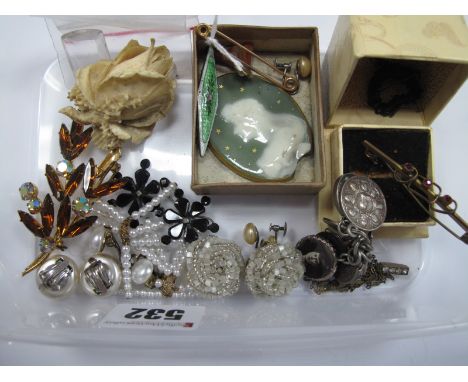 A Pearl Set Bar Brooch, costume earrings, a JA&amp;S enamel bar brooch, ceramic plaque (damaged) coin/charm pendants, etc.