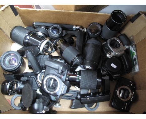 A Collection of 35mm Film SLR Camera Bodies, lenses, converters, including Canon EOS 600, Tamron F3.8 80 - 210mm lens.