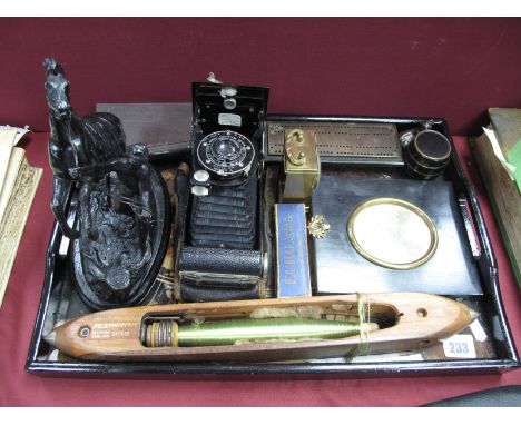 Pilkingtons Shuttle, Kodak 'Junior' folding camera, Parker pens, brass cribbage board, late XIX Century photograph frames etc