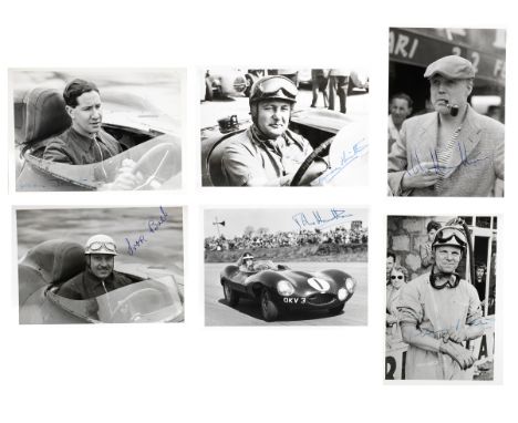 Six driver signed photographs,each monochrome, portrait and race scenes including Jaguar D-Type, comprising six 6' x 4' image