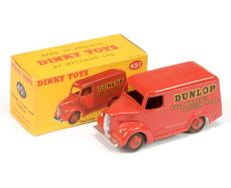 Dinky 451 Trojan Van "Dunlop" red body and rigid hubs with smooth tyres, silver trim, Excellent lovely bright example in a Go