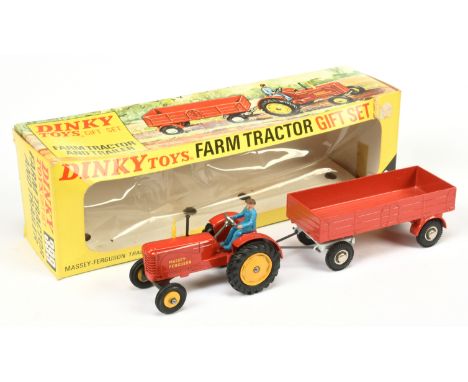 Dinky 399 Farm gift Set to include - Massey Ferguson Tractor, red body, yellow hubs, (plastic front), bright yellow chimney s