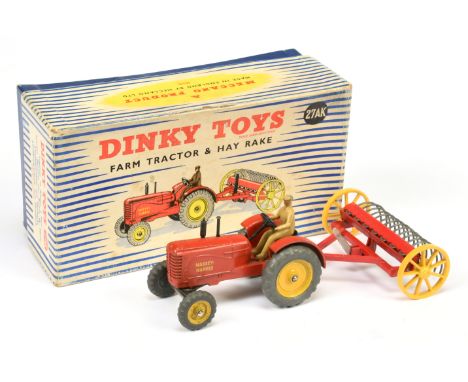 Dinky 27AK Farm Tractor &amp; Hay Rake Set - to include Massey Harris tractor red, yellow metal wheels, light tan figure driv